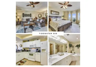 a collage of four pictures of a kitchen and a bedroom at Tidewater Beach Resort #508 by Book That Condo in Panama City Beach