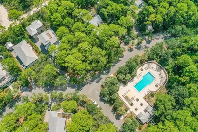 an aerial view of a house with a pool in the woods at Pure Joy* in Santa Rosa Beach