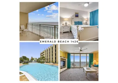 a collage of photos of a hotel room with a pool at Emerald Beach #1426 by Book That Condo in Panama City Beach
