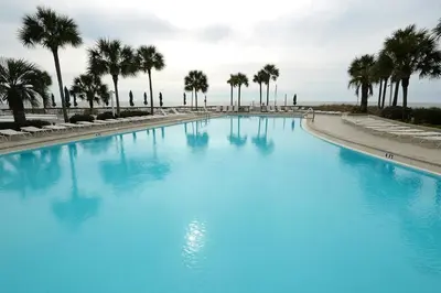 a large blue pool with palm trees and the ocean at Dunes of Panama E-1006 in Panama City Beach