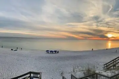 a group of horses on the beach at sunset at Ocean Air Upper East Private Beach unit on 30A in Santa Rosa Beach