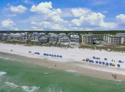 an aerial view of a beach with chairs and umbrellas at Ocean Air Lower West Private Beach Unit on 30A in Santa Rosa Beach
