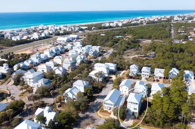 an aerial view of a residential neighborhood with the beach at Vitamin Sea in Inlet Beach