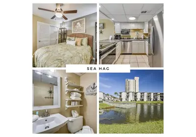 a collage of three pictures of a kitchen and a bathroom at Sea Hag by Book That Condo in Panama City Beach