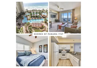 a collage of three pictures of aominium at Shores of Panama #1727 at Book That Condo in Panama City Beach
