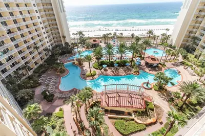 an aerial view of the pool at the resort at Shores of Panama #1727 at Book That Condo in Panama City Beach