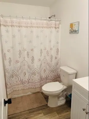 a bathroom with a toilet and a shower curtain at Peace On The Beach House in Panama City Beach