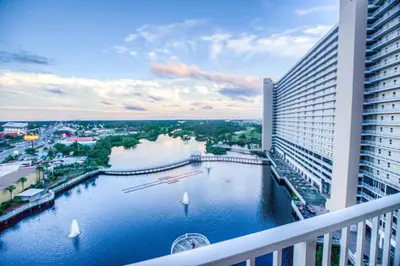 a view of a river from the balcony of a building at Next To The 10th Floor Pool - Laketown Wharf 1032- 2 BD Plus Bunks, 2BA, And Amazing Amenities! in Panama City Beach