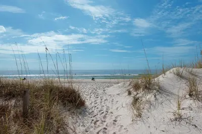 a beach with sand and grass and the ocean at Polynesian Village 211 in Panama City Beach