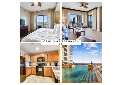 a collage of three pictures of a apartment at Origin at Seahaven #831 by Book That Condo in Panama City Beach