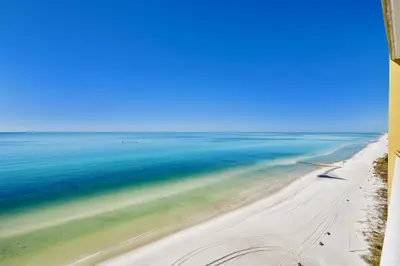 an aerial view of a beach with the ocean at Tropic Winds Condominium #1405 by Book That Condo in Panama City Beach