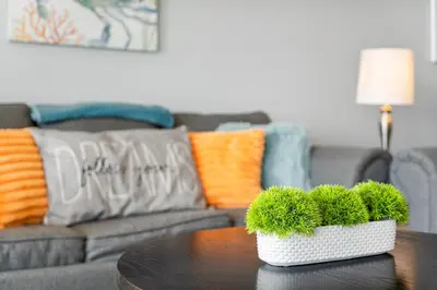 two potted plants on a coffee table in front of a couch at Luxurious 4 Bedroom Condo! Gulf Views! Sleeps 10 & Easy Beach Access! by Dolce Vita Getaways PCB in Panama City Beach