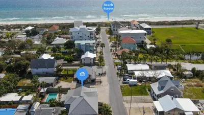 an aerial view of a town with a road sign at Laguna Shores by Sand Seeker Vacations in Panama City Beach