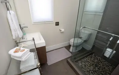 a bathroom with a shower and a sink and a toilet at Beautiful High End One Bed / 1 Bath Carriage House in Rosemary Beach