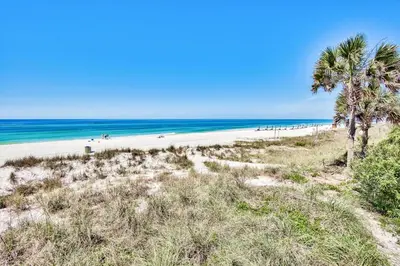 a beach with palm trees and the ocean at Beachside #8 - Beachfront - Sleeps 10! in Panama City Beach