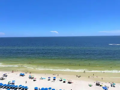 a group of people on a beach near the ocean at Sterling Breeze 1007 in Panama City Beach
