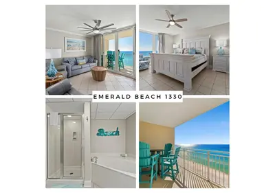 a collage of three pictures of a room at Emerald Beach #1330 by Book That Condo in Panama City Beach