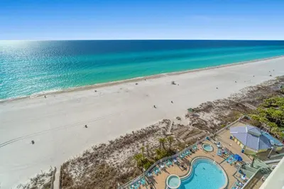 an overhead view of a beach and the ocean at Boardwalk Beach Resort #1403 by Book That Condo in Panama City Beach