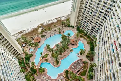 an aerial view of the water park at the resort at Oceanfront PCB Resort Condo with Balcony and Views! in Panama City Beach