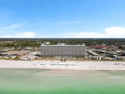 an aerial view of a hotel and the beach at The Summit 726 in Panama City Beach
