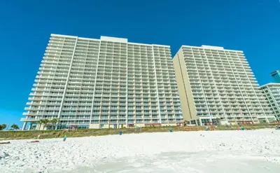 a view of a hotel from the beach with a beach at Majestic Beach Towers 1-2314 in Panama City Beach