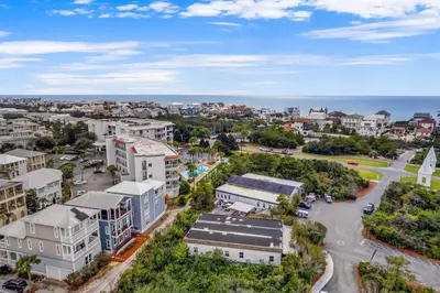 an aerial view of a city with buildings and the ocean at FantaSea in Panama City Beach