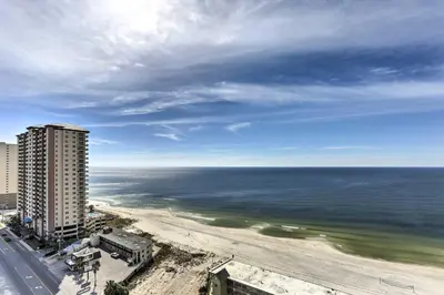 a view of the beach from a building at Scenic PCB Condo with Stunning Sunsets and Beach View! in Panama City Beach