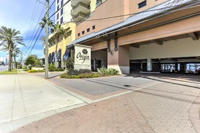 an empty street in front of a building at Scenic PCB Condo with Stunning Sunsets and Beach View! in Panama City Beach