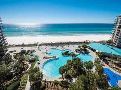 an aerial view of a resort with the beach at Edgewater Tower 1 Unit 101 in Panama City Beach