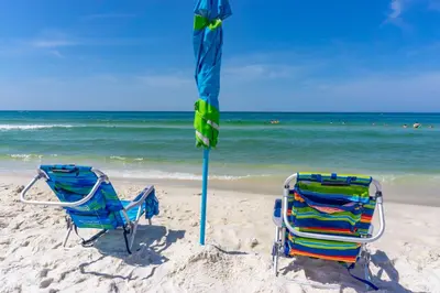 two chairs sitting under an umbrella on the beach at Calypso Beach Resort & Towers by Panhandle Getaways in Panama City Beach