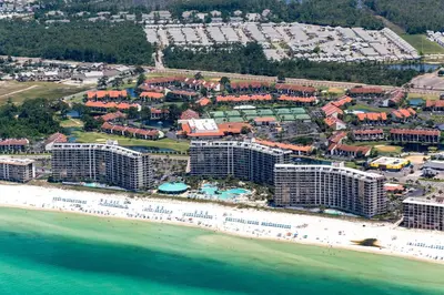 an aerial view of a beach with buildings and the ocean at Edgewater Tower 1-305 in Panama City Beach