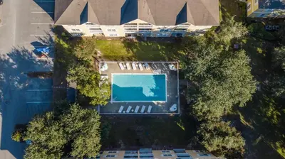 an overhead view of a pool in a yard with trees at Heron's Watch Way 4104- Coach's Sand Dollar in Santa Rosa Beach