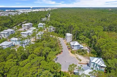 an aerial view of a house in the woods at Hidden Tides in Rosemary Beach