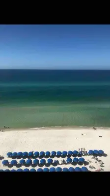 a group of blue umbrellas on a beach at Celadon Beach Resort in Panama City Beach