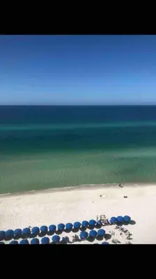 a group of blue umbrellas on a beach at Celadon Beach Resort in Panama City Beach