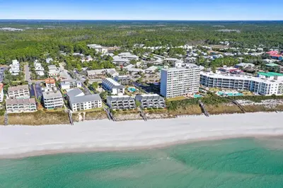 an aerial view of the resort from the beach at 30A Emerald Hill Beach Resort by Panhandle Getaways in Santa Rosa Beach