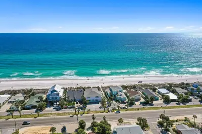 an aerial view of the beach and the ocean at Beach House - Family Tides by Panhandle Getaways in Panama City Beach