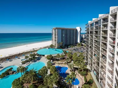 an aerial view of the hotel and the beach at Edgewater Villa 117 in Panama City Beach