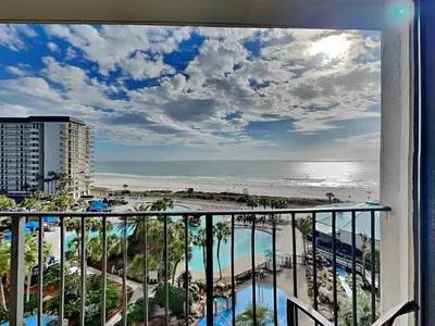 a view of the beach from a balcony at a resort at Edgewater Tower I 610 in Panama City Beach