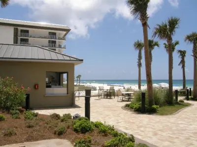 a building next to a beach with palm trees at Grand Panama Beach Resort - The Grand #403 in Panama City Beach