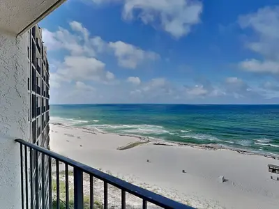 a view of the beach from a balcony at Edgewater Tower III 907 in Panama City Beach