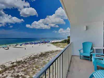 a balcony with a view of the beach at Edgewater Windward #304 in Panama City Beach