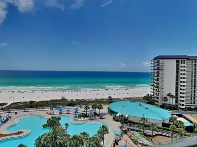 an aerial view of a resort with a beach at Edgewater Tower I 907 in Panama City Beach