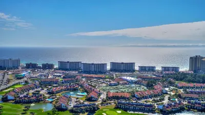 an aerial view of a resort next to the ocean at Edgewater Villa #3315 in Panama City Beach