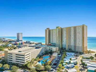 an aerial view of a city with the beach and buildings at Emerald Beach #1827 in Panama City Beach