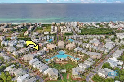 an aerial view of a resort near the ocean at The Real McCoy in Panama City Beach