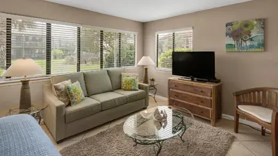 a living room with a couch and a tv at Hidden Beach 101 in Santa Rosa Beach