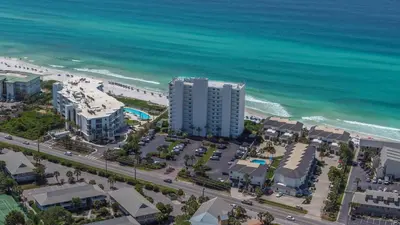 an aerial view of the beach and the ocean at Beachcrest 1005 in Santa Rosa Beach