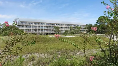 a building with a field of flowers in front of it at Beachfront Condo II 202A - Out of the Blue in Santa Rosa Beach