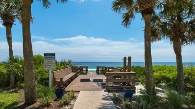 a wooden pathway leading to the beach with palm trees at Palms A3 in Santa Rosa Beach